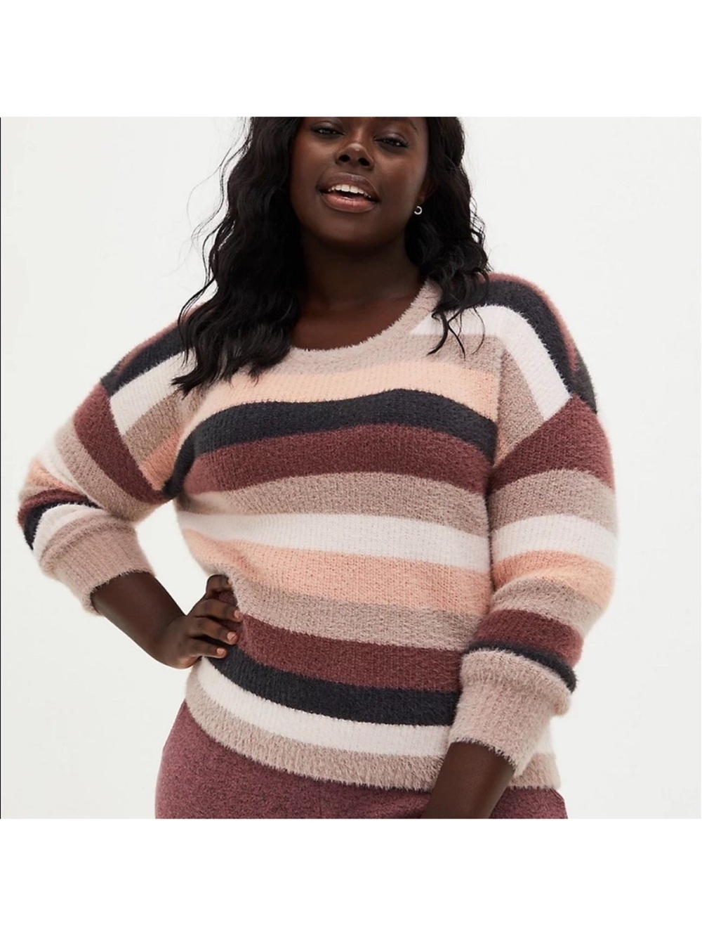 Striped Fuzzy Crewneck Sweater in Blush Multi